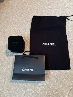 CHANEL Black Logo Jewelry Pouch, Gift Bag & Velvet Case Set
